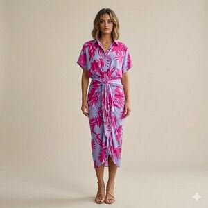 DO+BE Dulce Dress Pink Lavender Tropical‎ Leaf Print Midi Sarong Dress Womens S